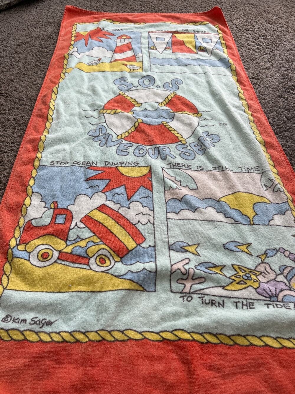 Vintage 90s Ocean Spray Save Our Seas Beach Towel Comic Pop Art Promo Cotton